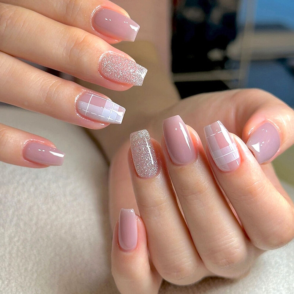 Pink Short Coffin Press On Nails Glitter Plaid Fake Nails Reusable Abs Multiple Sizes
