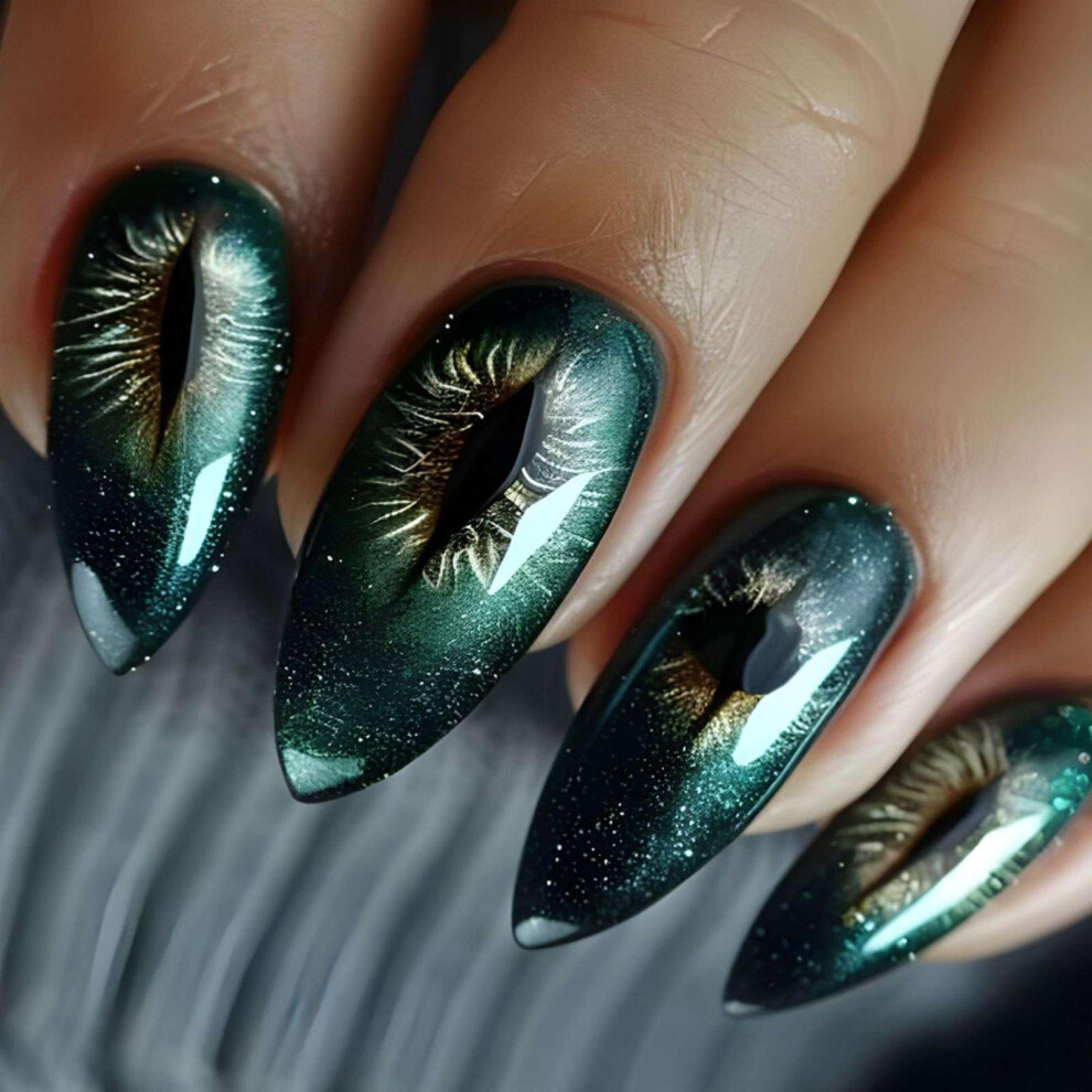 Green Almond Shape Press On Nails Cat Eye Glossy Acrylic False Nails 24Pcs Instant Salon Look