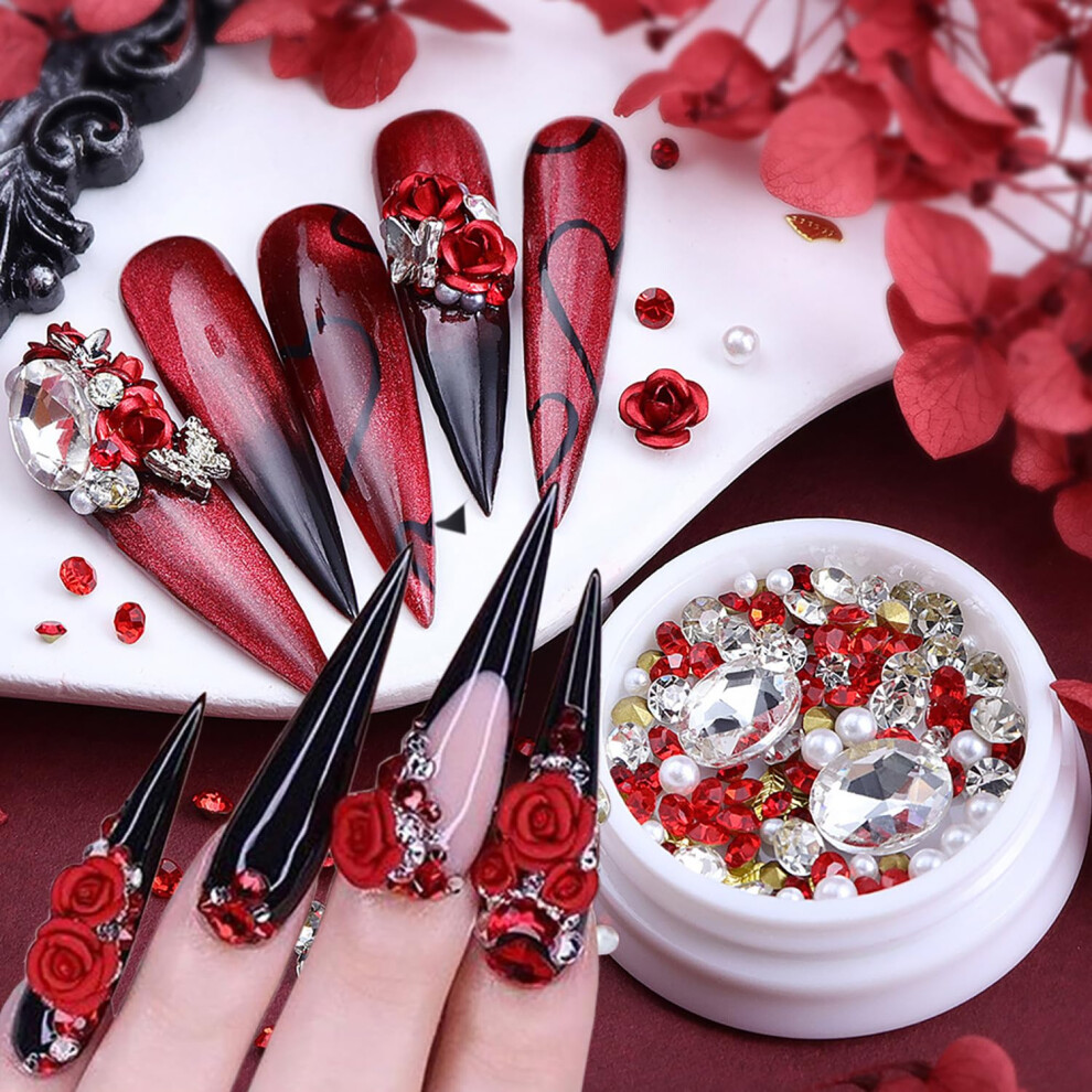 Valentine's Day Nail Charms 3D Rose Heart Rhinestone Alloy Gems for Acrylic Nails DIY