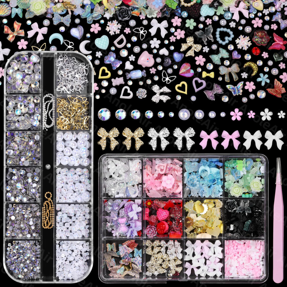Gold/Silver Assorted Nail Art Charms Kit 3D Nail Decorations With Pearls Bows Flowers Butterflies