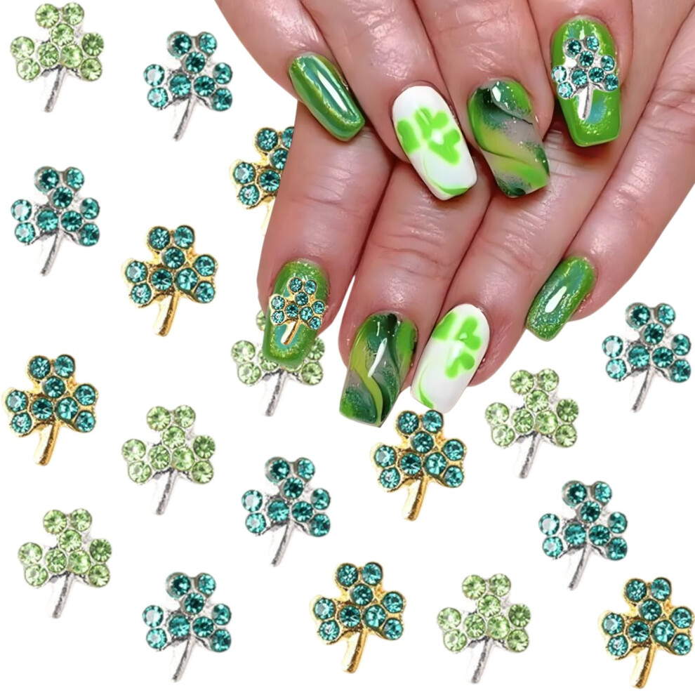 Green/Gold/Silver St. Patrick's Day Nail Charms 3D Shamrock Decorations With Clover Rhinestones
