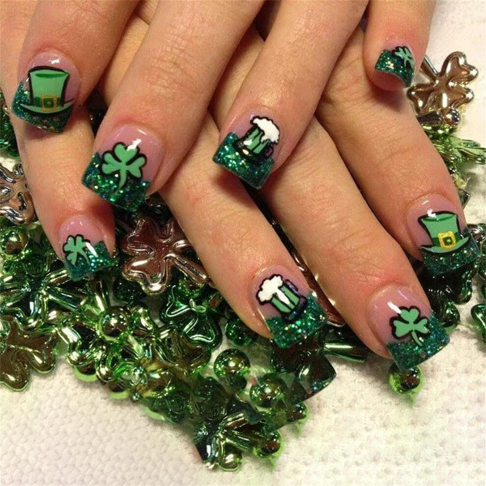 Green St. Patrick's Day Press On Nails Shamrock Fake Nails With Glue 24Pcs Reusable Full Cover