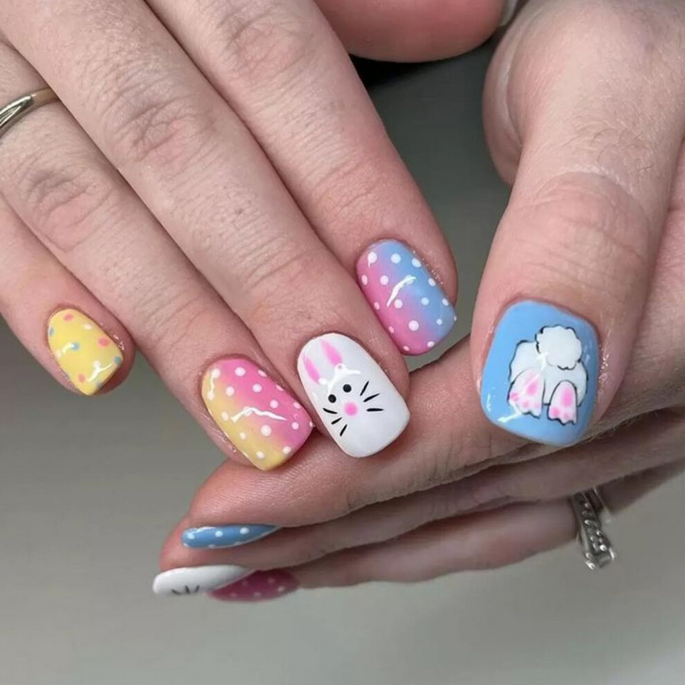Easter Press On Nails Short Square Bunny Tail Fake Acrylic Nails with Glossy Shine 24 Pcs