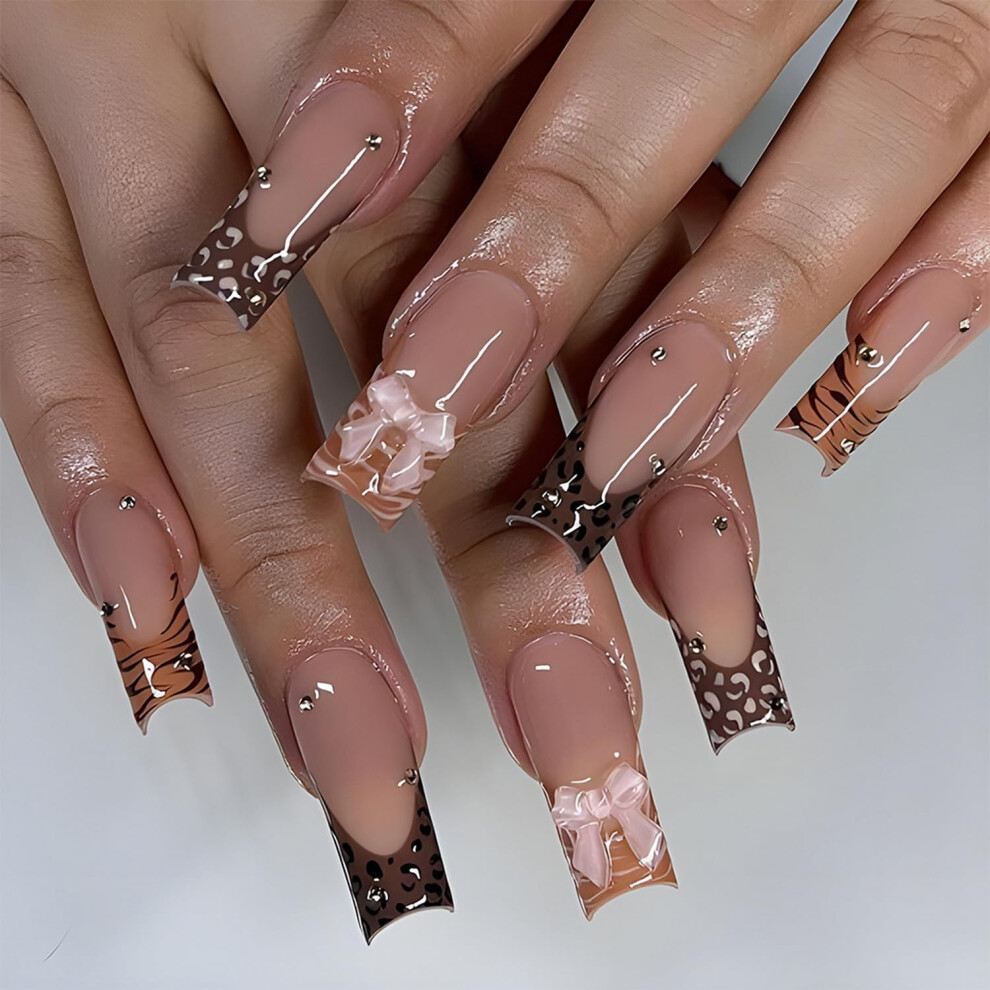 Long Square Press On Nails with Rhinestone Leopard French Tips, Reusable Acrylic Fake Nail Kit 24pcs