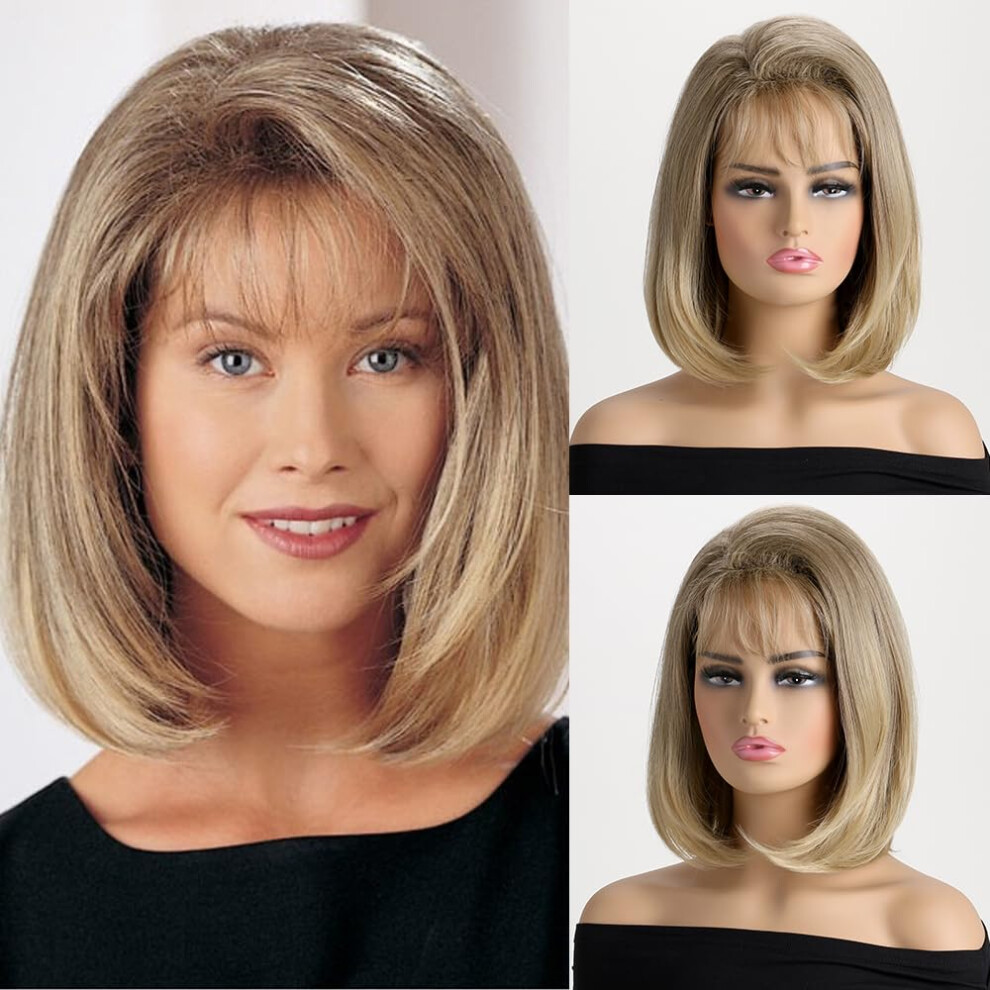 Unisex Blonde Shoulder Length Bob Wig With Bangs, Natural Hairline, Ash Blonde Synthetic