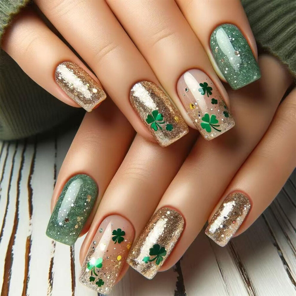 Green St Patricks Day Press On Nails 24Pcs Clover Fake Nails Kit With Durable Acrylic Finish