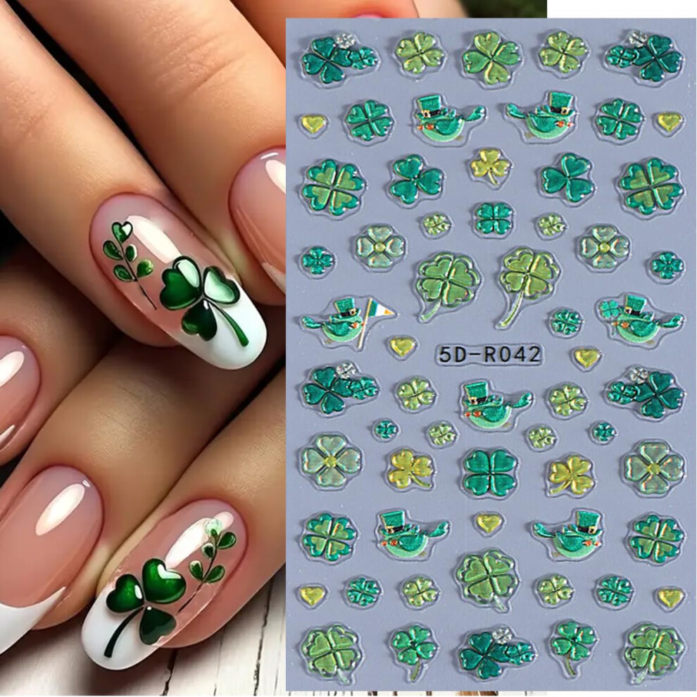 Green St Patricks Day Nail Stickers 5D Shamrock Decals Four Leaf Clover Selfadhesive Nail Art Accessories