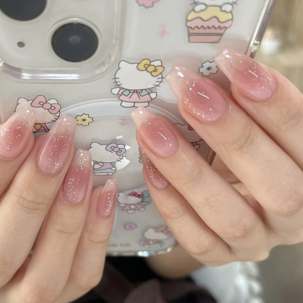 Medium Coffin Press On Nails Ombre Pink with Glitter, Full Cover Acrylic False Nails Set 24Pcs