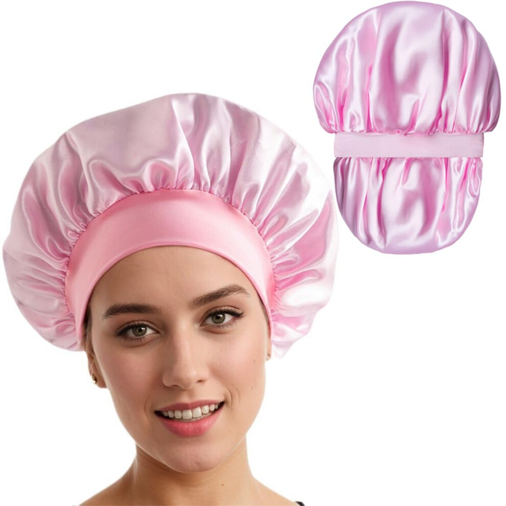 Unisex Pink Satin Sleep Bonnet Double Layer Antifrizz Elastic Fit For Curly Braids Natural Hair