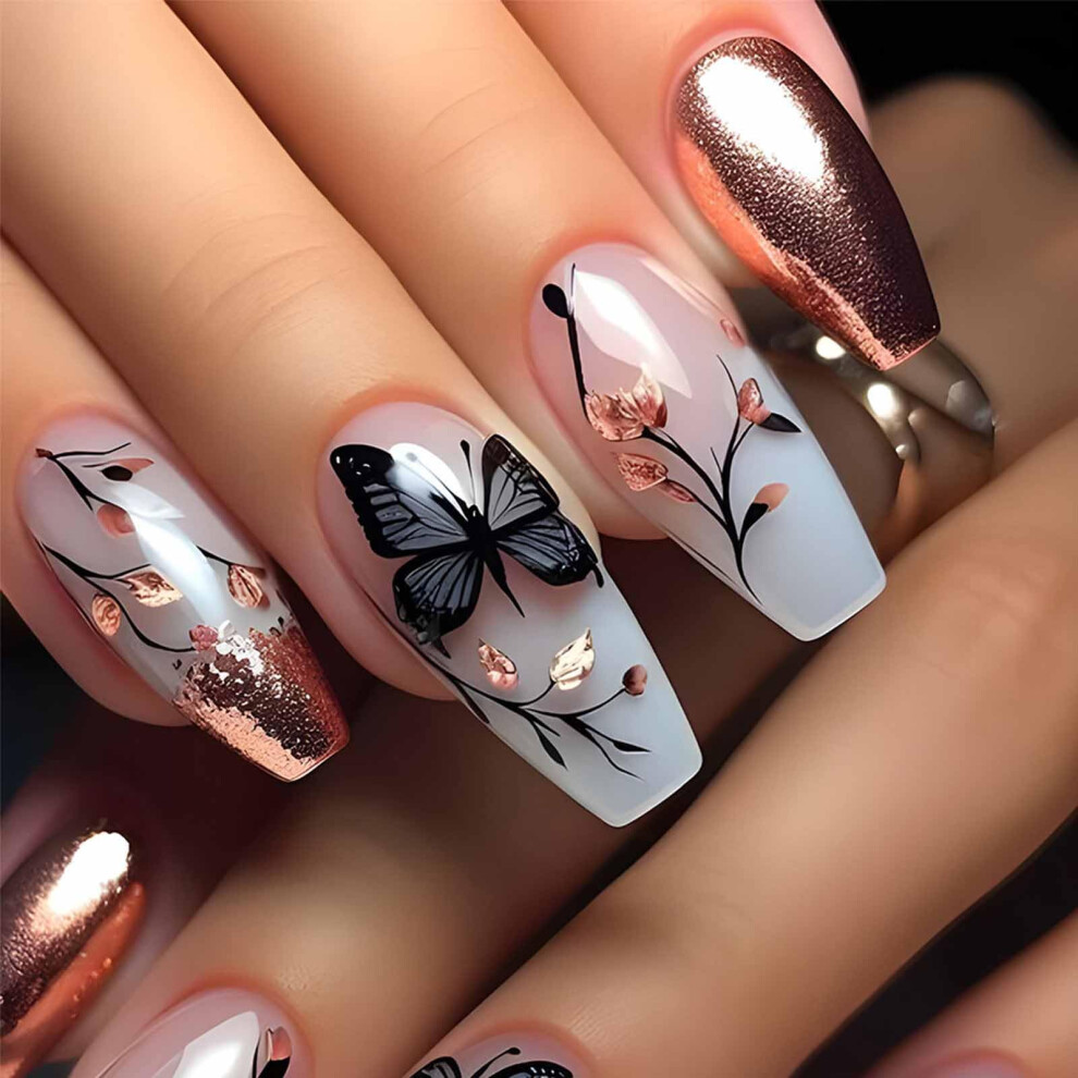 Black Butterfly Press On Nails Medium Square Fake Nails With Flower Design And Glitter Tips, 24Pcs