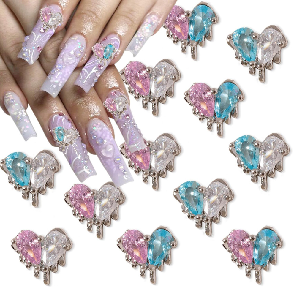 Silver 12Pcs Valentine's Day 3D Heart Nail Charms With Rhinestones Alloy For Acrylic Nails