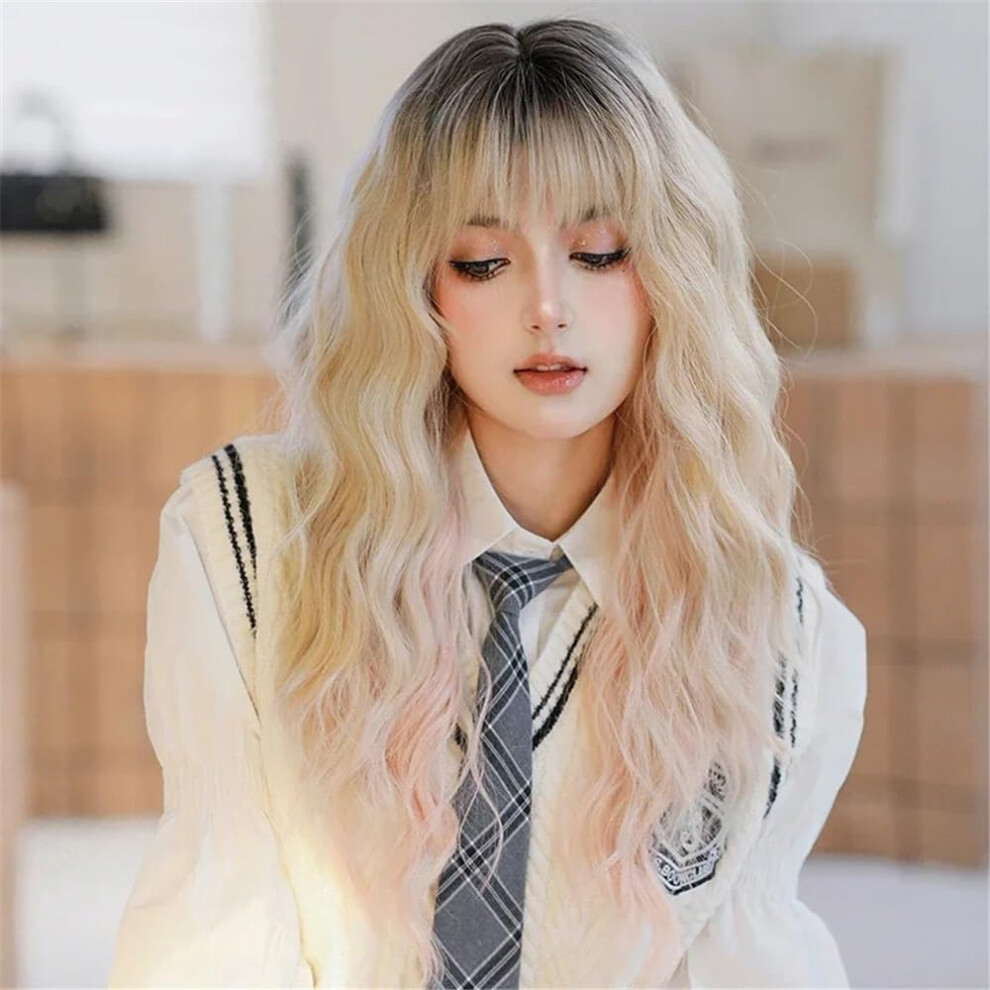 Long Wavy Brown Wig with Bangs 150 Density Synthetic Wig for Women Beige Highlights Natural Look