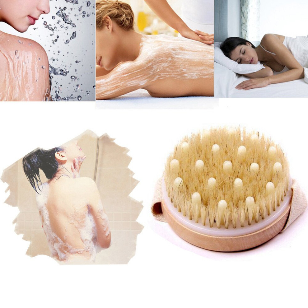 Bath Brush Natural Bristle Wooden Back Scrubber for Shower with Round Head Massage Handle