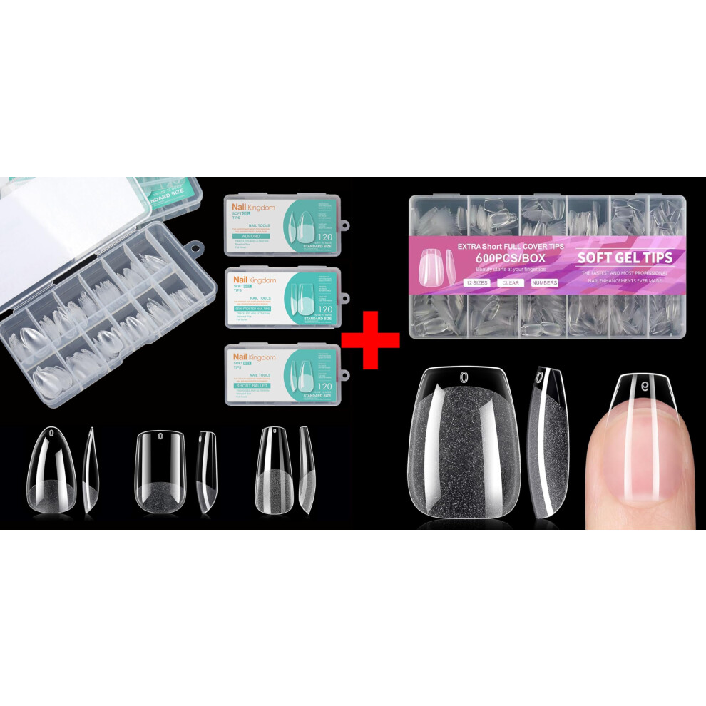 960Pcs Soft Gel Nail Tips Kit 4 Shapes XS Coffin Almond Square Ballerina Preshaped Press On Nails