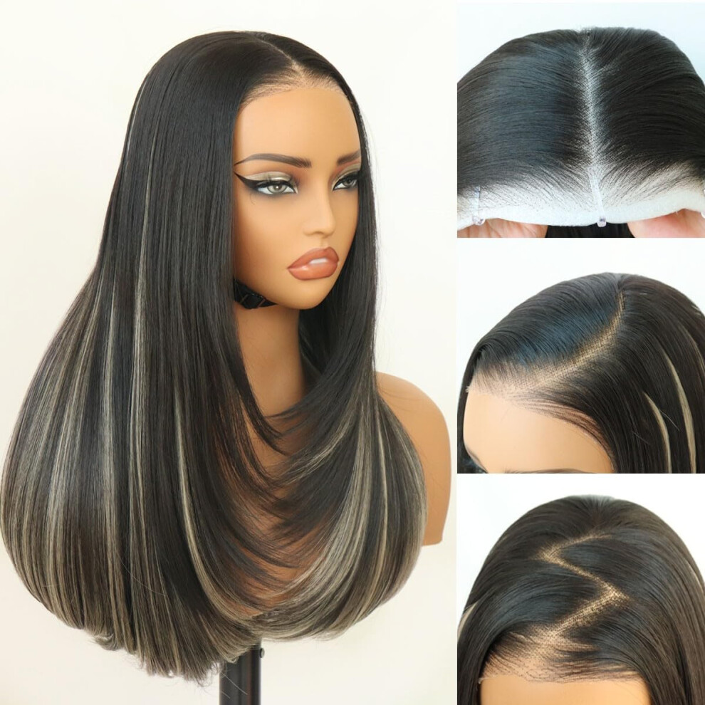Glueless Lace Front Synthetic Wig 20 Inch Black and Blonde Highlights Pre Plucked Layered Straight