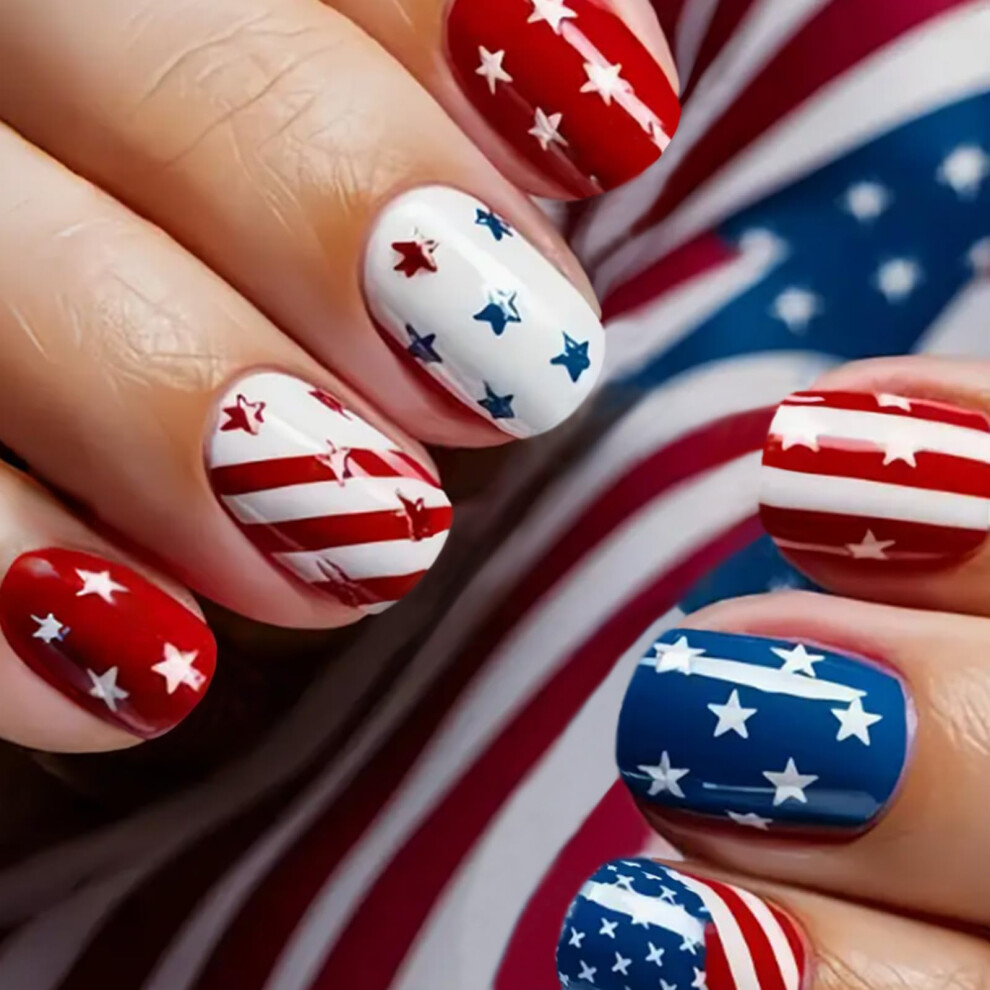 Fourth of July Press on Nails Short Square Fake Nails with Patriotic Stars and Stripes for Women