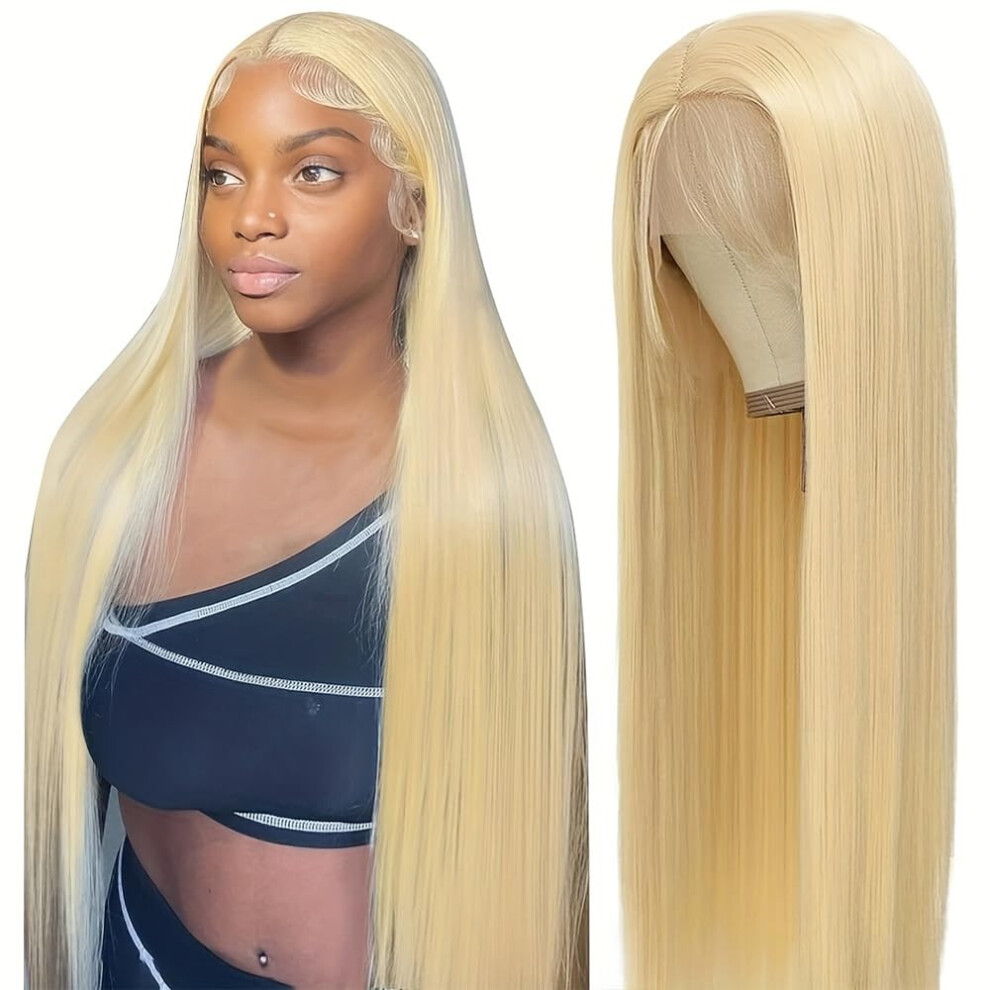 Unisex 34 Inch 613 Lace Front Wig Human Hair, 200 Density Blonde, 13X6 Straight Preplucked Hairline