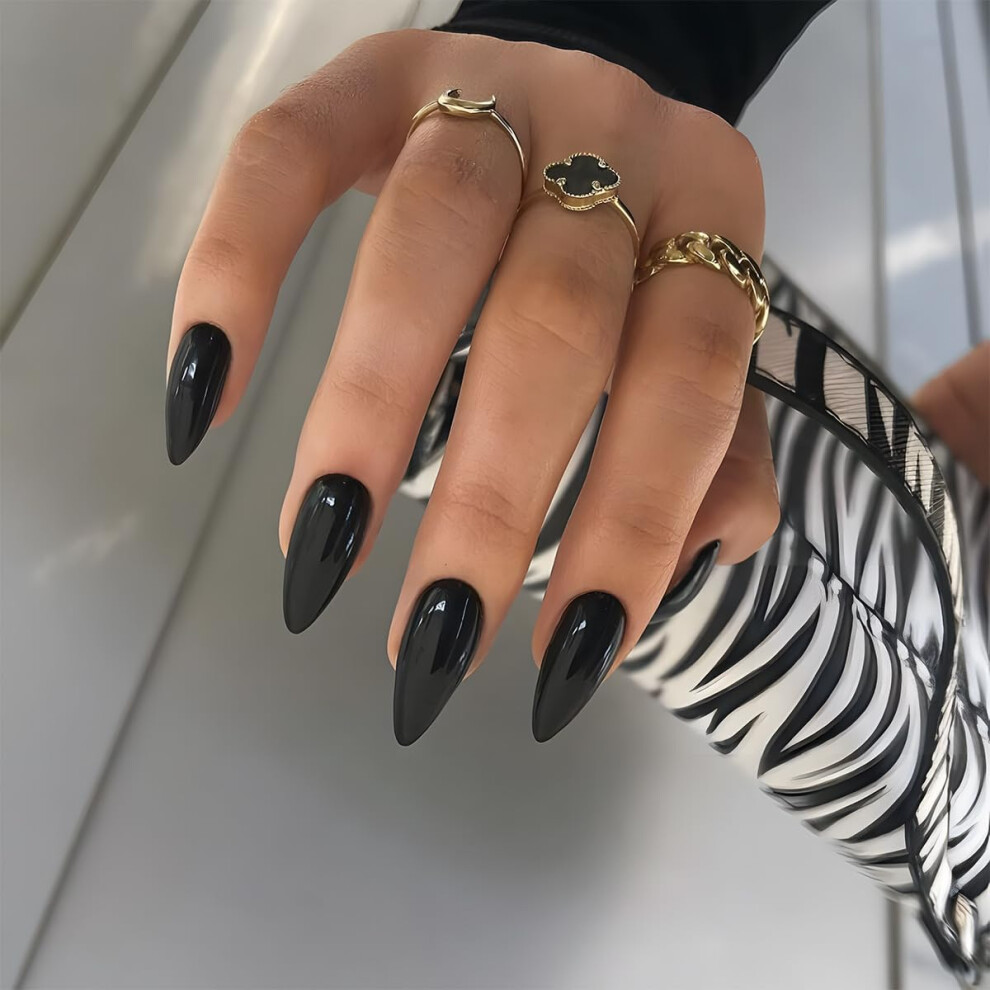 Black Short Almond Press On Nails Set  Glossy Acrylic Fake Nails for LongLasting DIY Manicure