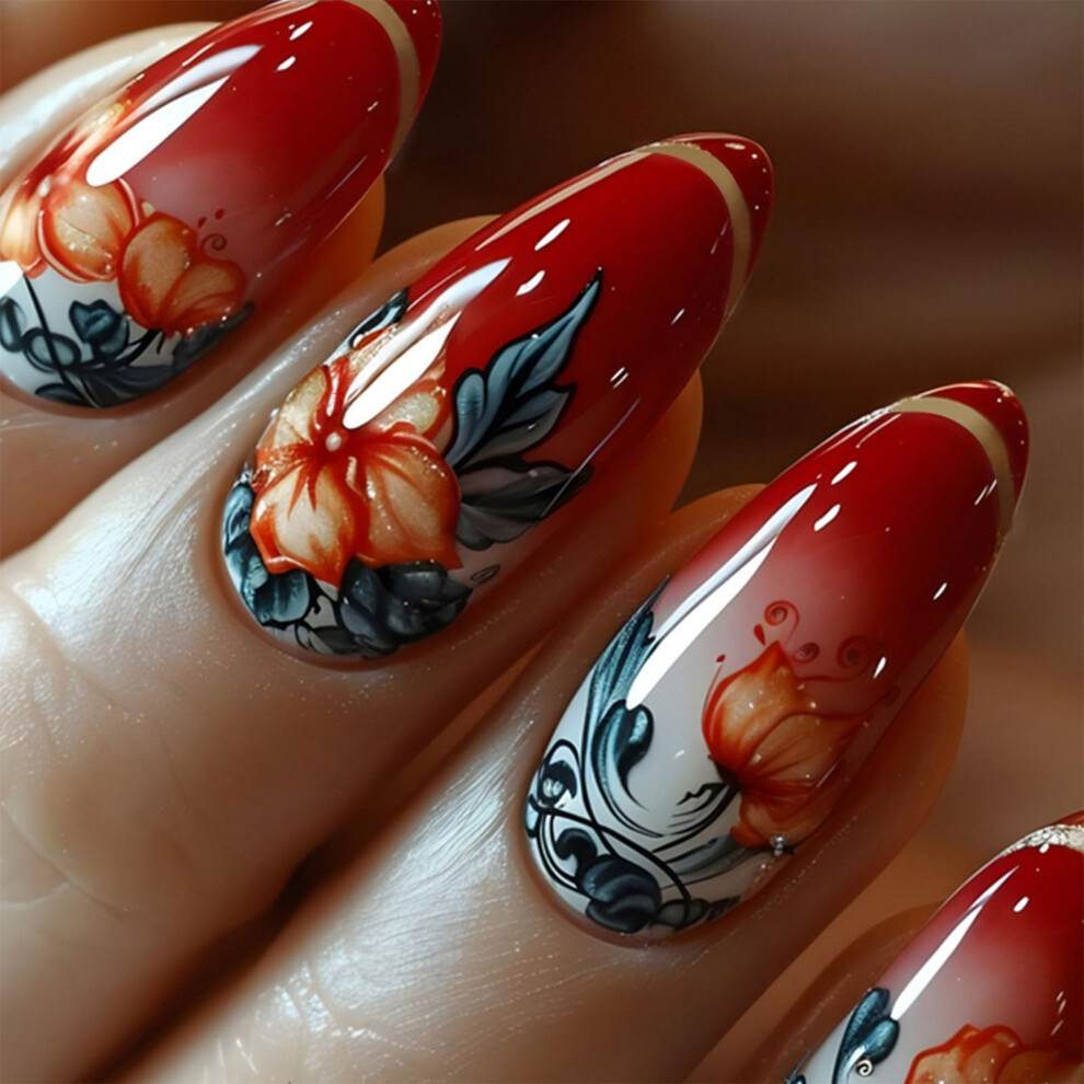 Red Press On Nails Medium Almond Orange Flower Glossy Gradient Acrylic Fake Nails For Women