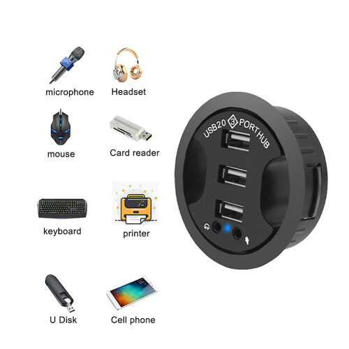 USB Hub USB 2.0 Desktop Grommet USB 2.0 Hub Audio Bordmonteringsadapter 3 porte Montering i skrivebord Multi USB 2