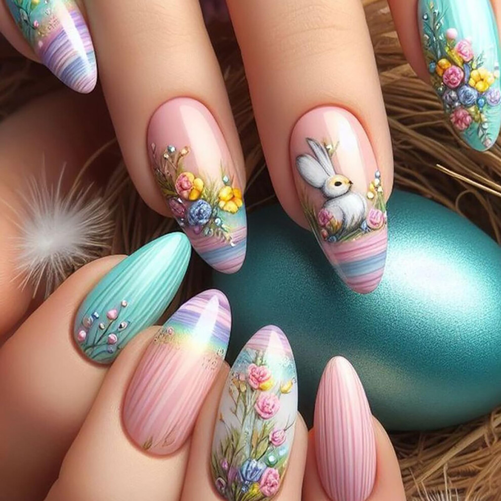 Easter Almond Press On Nails with Colorful Bunny Flower Design, Reusable Acrylic Fake Nails 24pcs