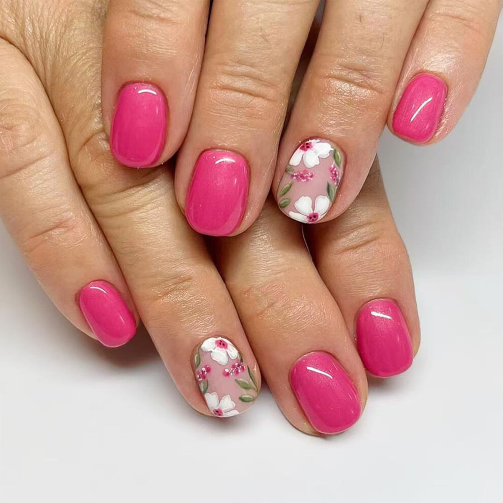 24pcs Short Square Press On Nails with Glossy Flower Accents, Fake Nails Set for Women