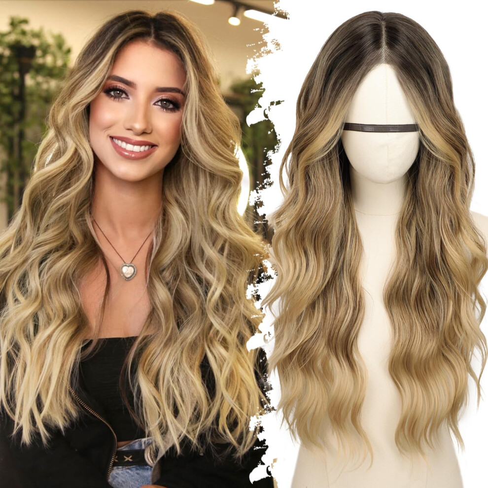 Unisex 26 Inch Ombre Blonde Long Wavy Wig For Women, Hd Lace Front, Glueless Natural Hairline