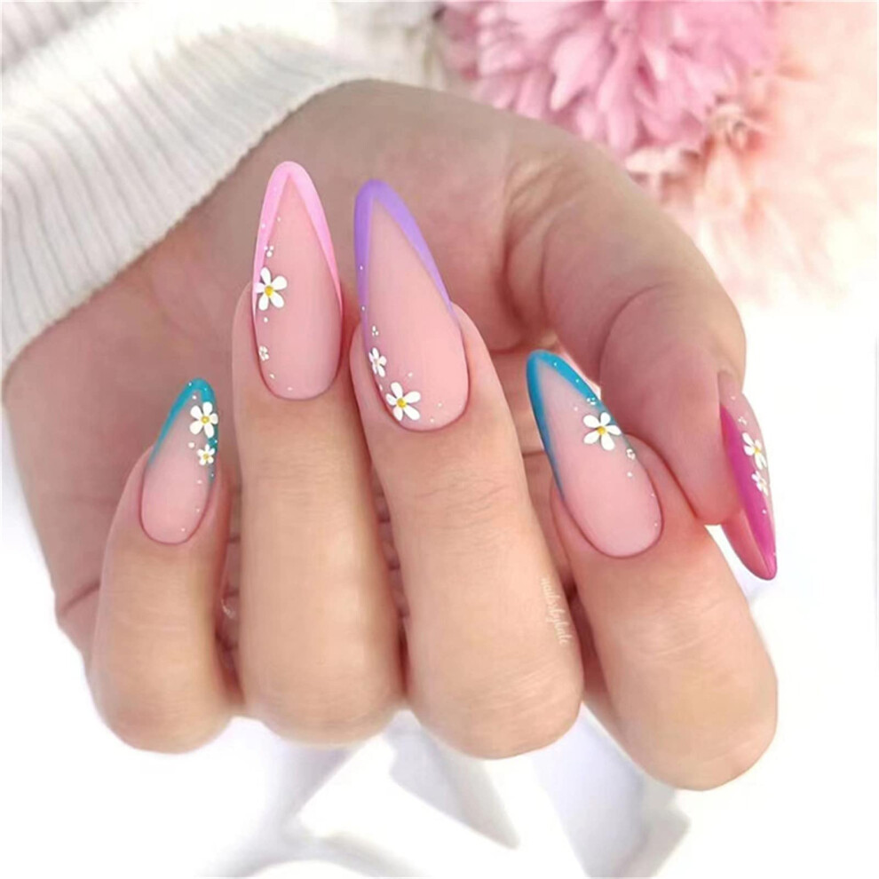 24pcs Rainbow French Short Almond Press on Nails with Glue, Colorful Fake Nails Set for Women