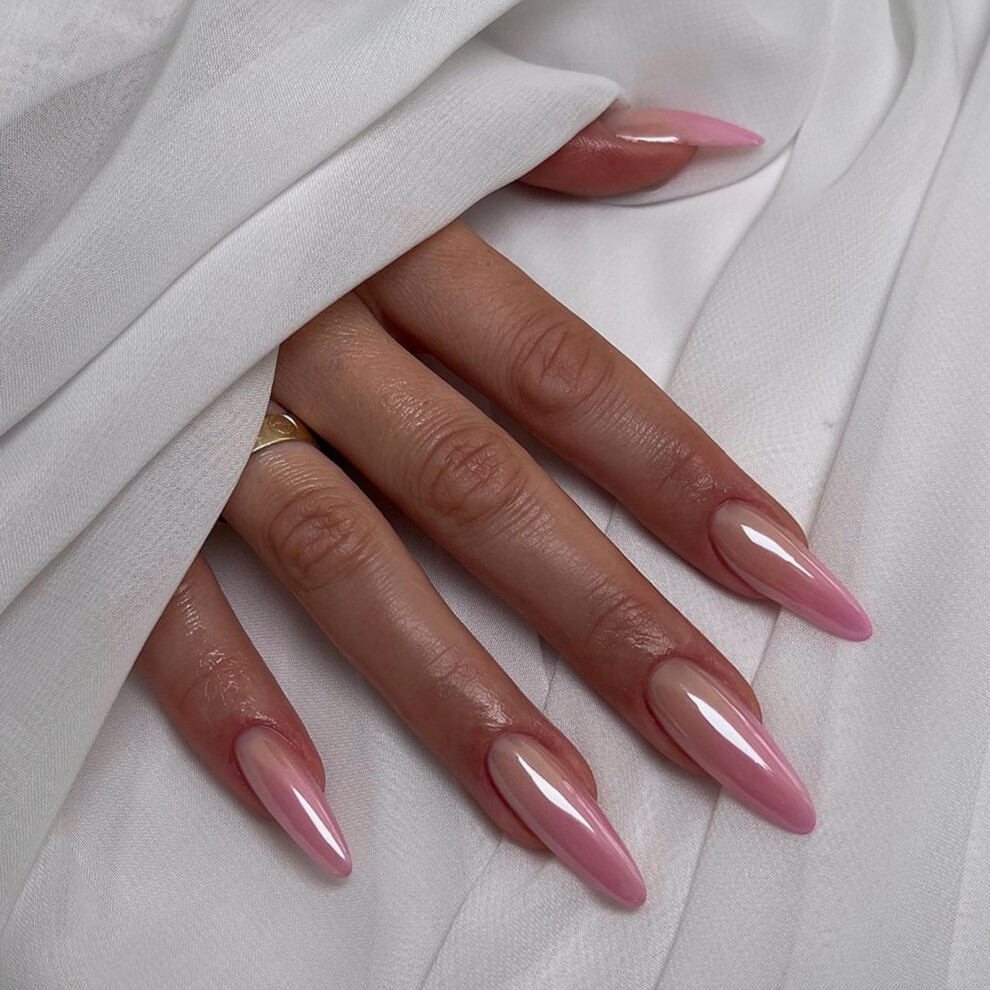 Pink Chrome Almond Press On Nails With Glue, Glossy Full Cover Fake Nails, 24Pcs Salon Quality