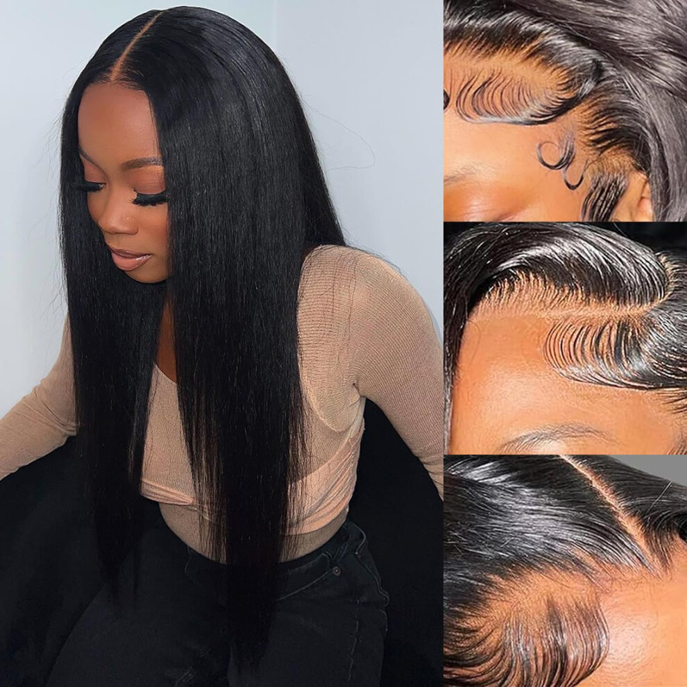 Unisex 13X6 Lace Front Wig Hd Transparent Lace Brazilian Virgin Yaki Straight Human Hair Pre Plucked 180% Density Glueless 24Inch