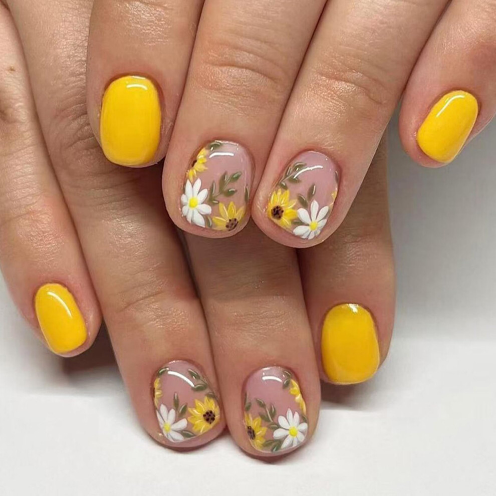 Yellow Square Press On Nails With Daisy Flowers, 24Pcs Glossy False Nails For Women Salonstyle