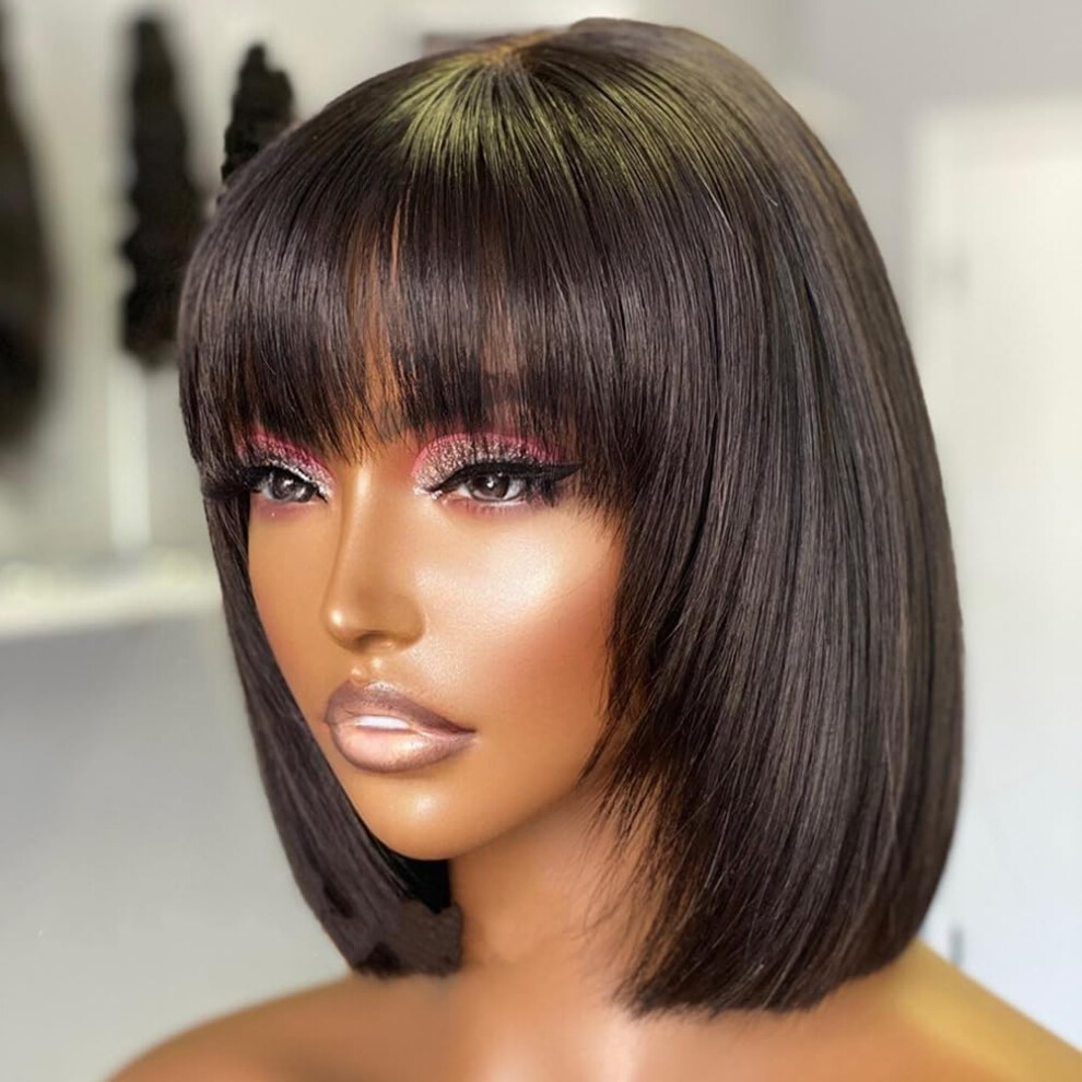 10 Inch Straight Bob Wig Human Hair Glueless Lace Front With Bangs Pre Plucked 2x4 HD Lace 180% Density Natural Color