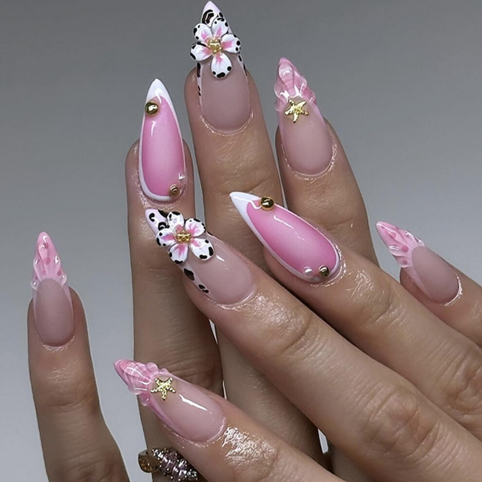 Long Almond Press on Nails Leopard French Tip Fake Nails with 3D Flower Rhinestones Acrylic