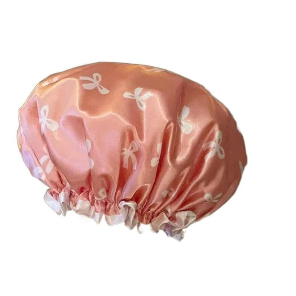 Shower Cap for Women Waterproof Double Layer Reusable Bow Pattern Pink Elastic Comfortable Fit