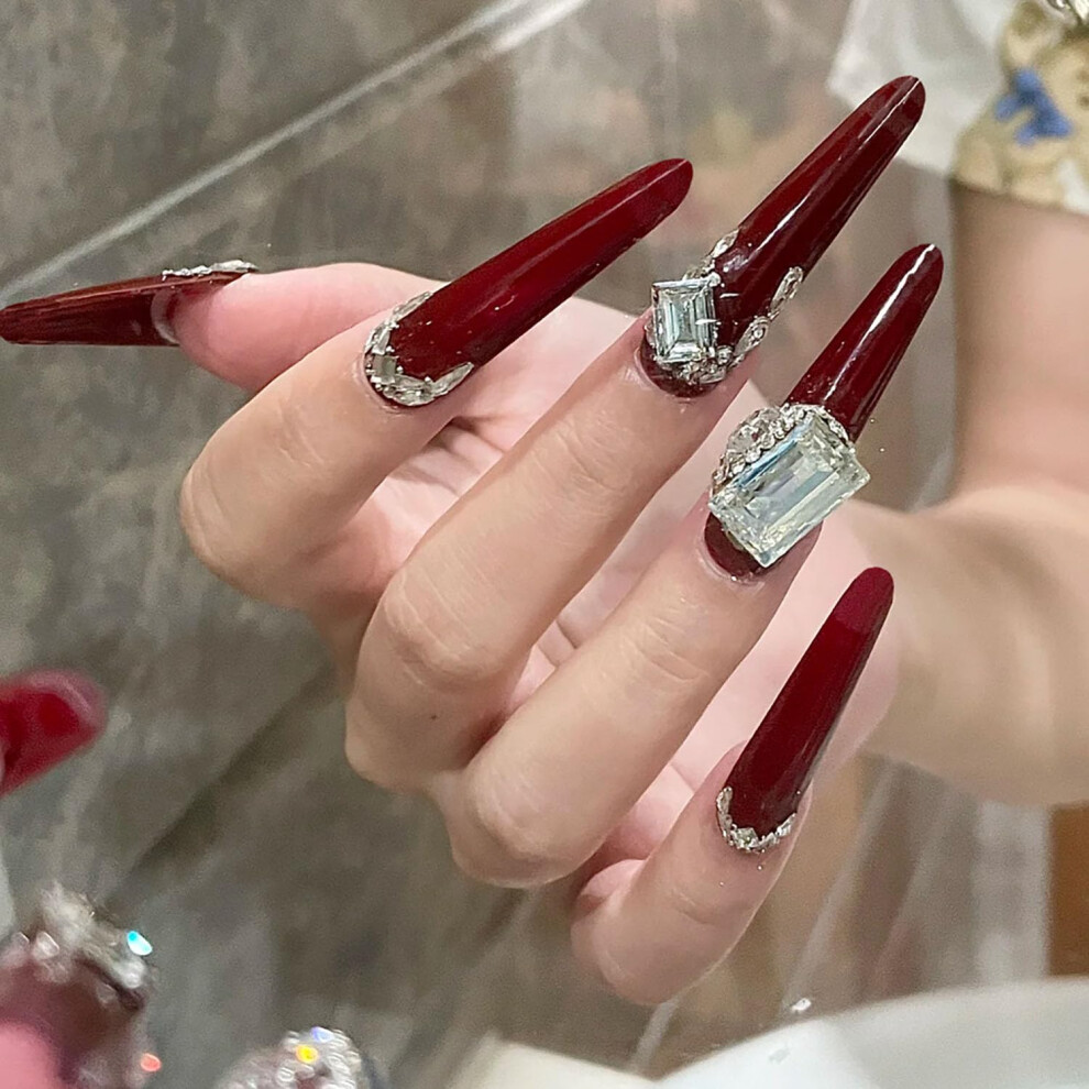 Red Almond Press On Nails With Rhinestones, Medium Glossy Reusable Acrylic False Nails Kit