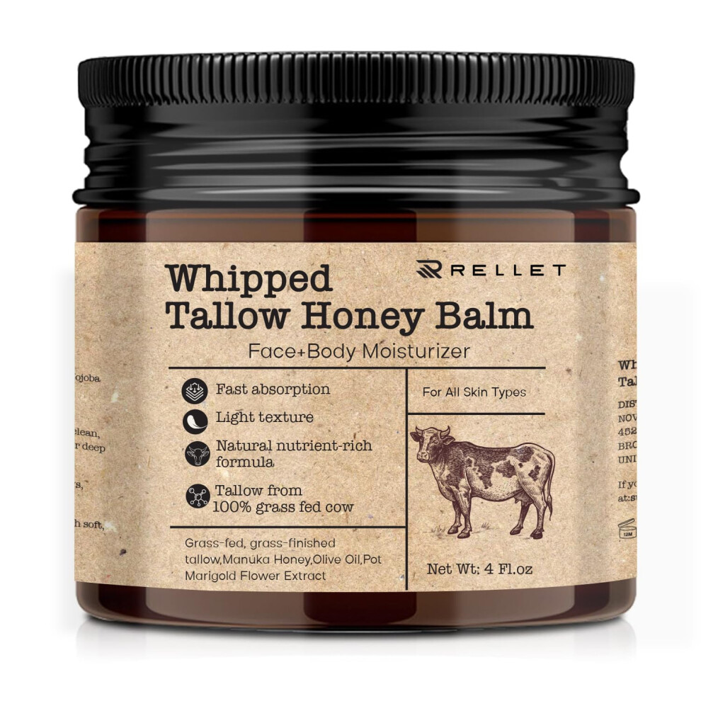 Beef Tallow Balm Grass Fed Moisturizer with Manuka Honey for Deep Hydration and Sensitive Skin 4oz