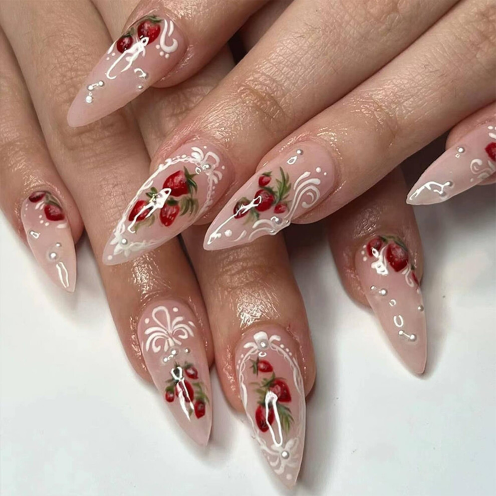 Pink,White,Cream Almond Press On Nails Pink Glossy Nude Fake Nails With White Pearl Strawberry Design Reusable 24Pcs