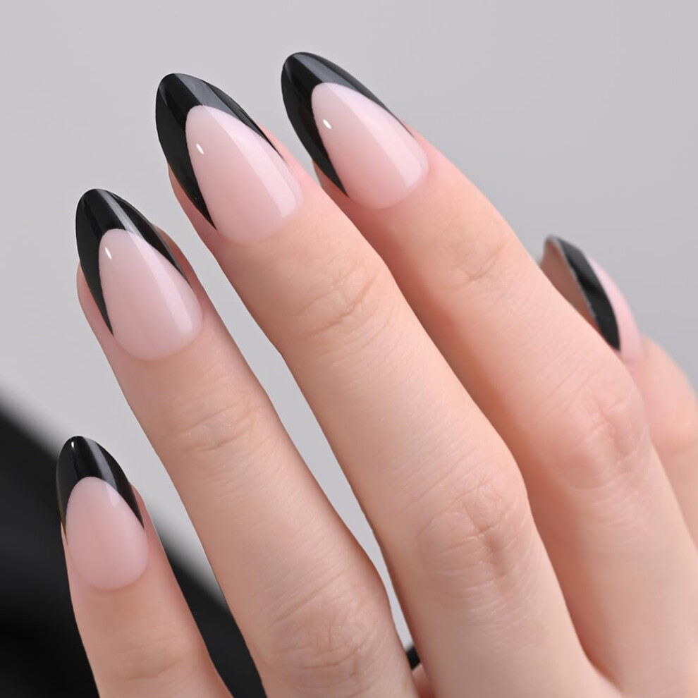 Black French Tip Press On Nails Short Almond 30Pcs Reusable Glossy Soft Gel Fake Nails With Glue