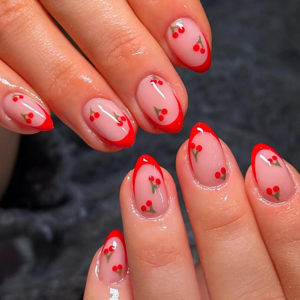Red Short Almond Press On Nails French Tip Fake Nails Set With Cherry Design 24Pcs Reusable