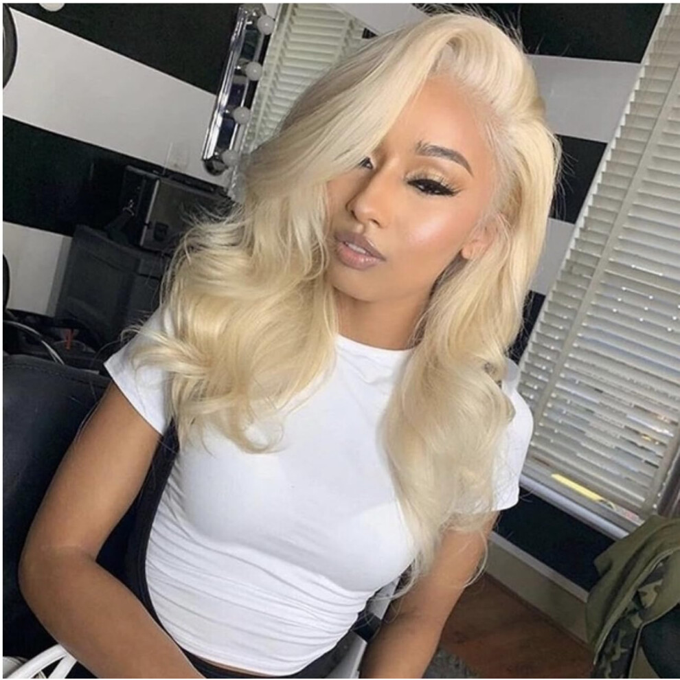 613 Blonde Human Hair Lace Front Wig 20 Inch Body Wave Platinum Color 200% Density Natural Hairline