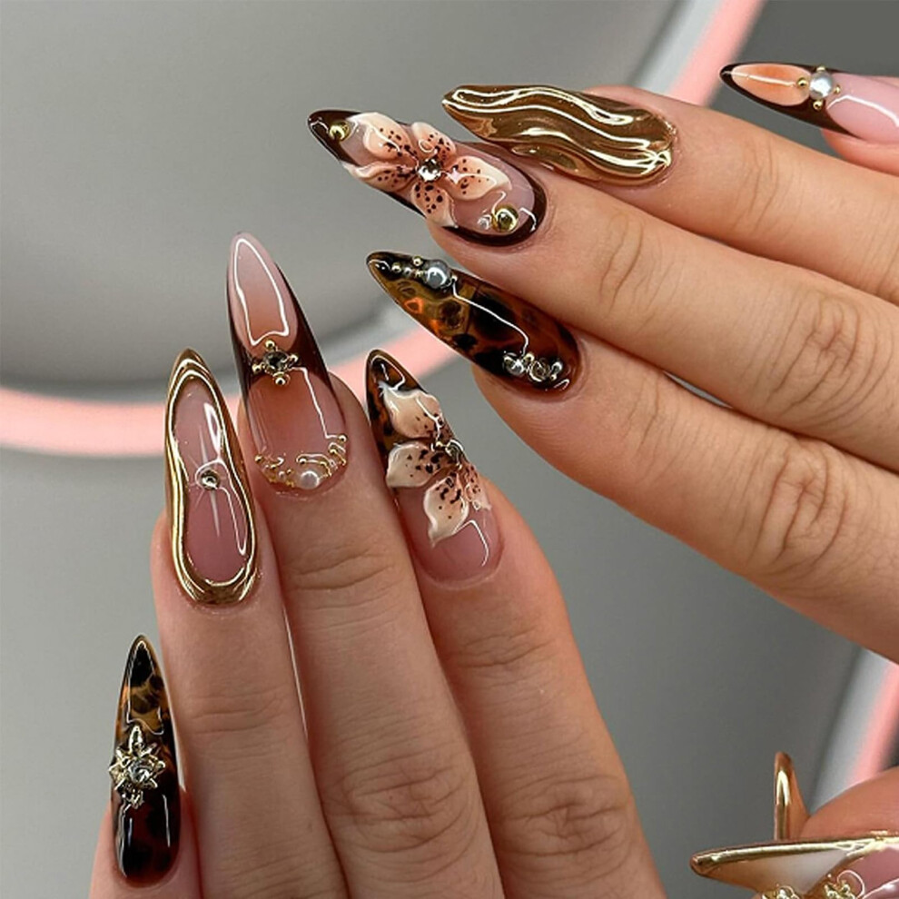 Medium Almond Press On Nails French Tip Floral Fake Nails with Rhinestone Charms 24pcs