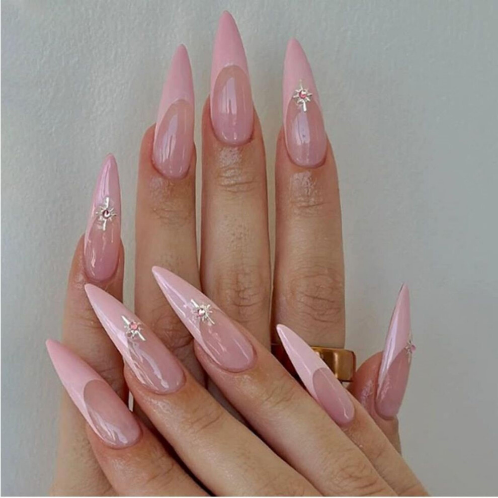 Long Square Press on Nails French Tip Acrylic False Nails Reusable Glue on Nails Set 24pcs