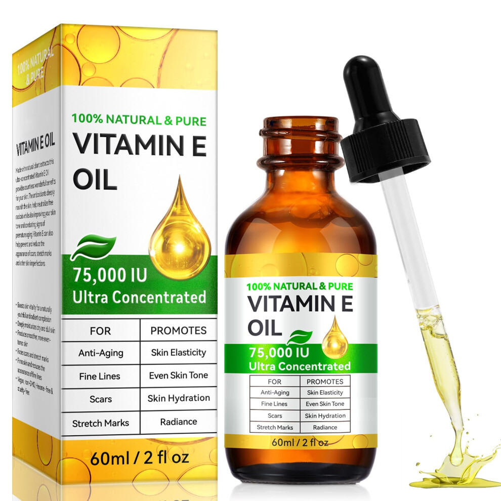 Pure Vitamin E Oil 75,000 IU Organic for Skin, Scars, Hair and Face â Deep Hydration, Scar , AntiAging, 2 fl oz