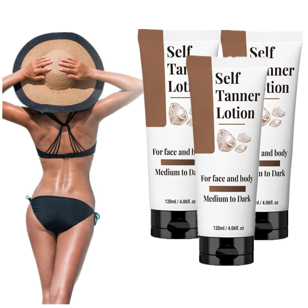Dark Self Tanner Lotion With Aloe Vera And Coconut, Streak Medium To Tan, 24H Hydration, 3Pc