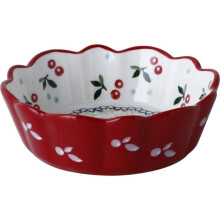 Ceramic Rice Bowl with HandPainted Cherry Design, Wavy Edge Small Serving Bowl for Soup and Fruit
