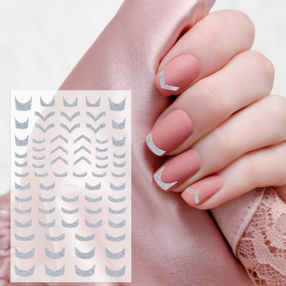 Silver 6 Sheets Glitter French Manicure Strips Selfadhesive French Tip Nail Stickers For Diy Nail Art