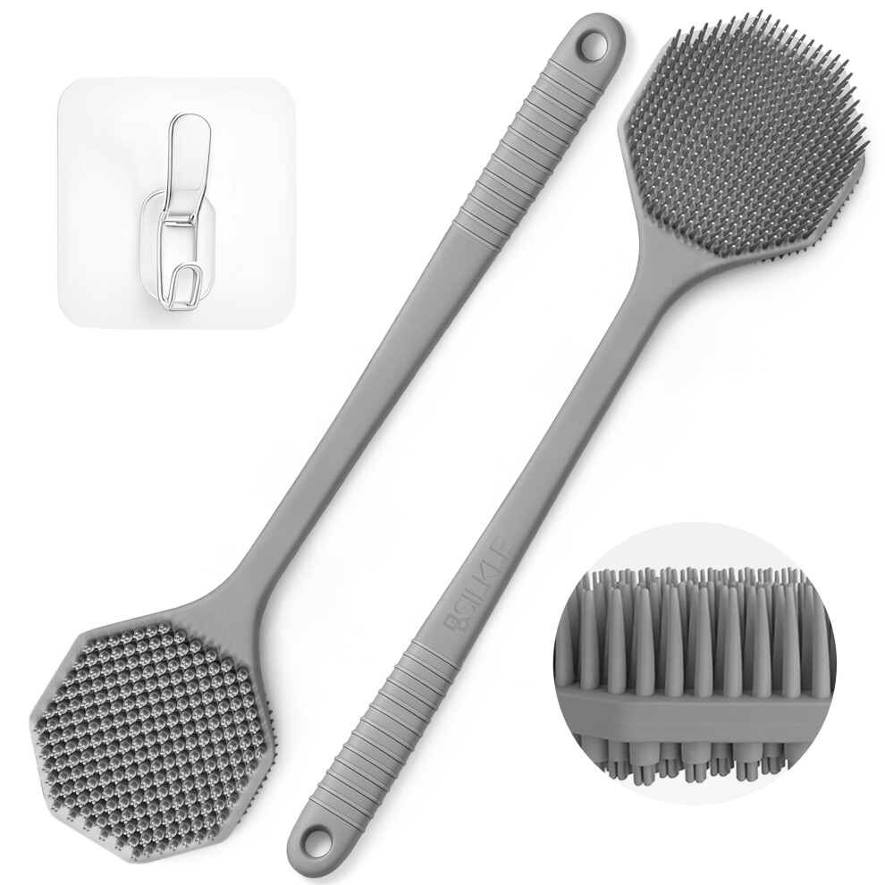 Silicone Back Scrubber with Long Handle DualSided QuickDry Body Brush for Shower and Bath