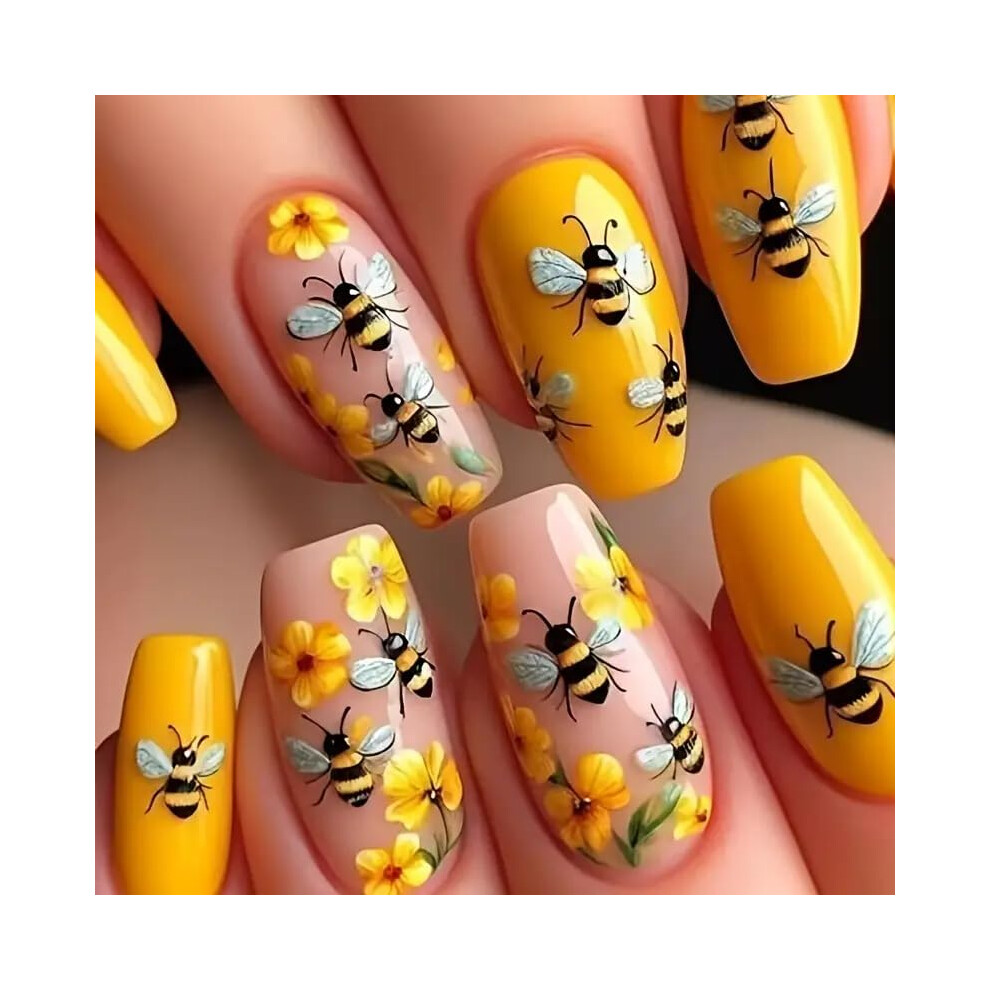 Yellow Square Press On Nails Glossy Floral Fake Nails Coffin Acrylic 24Pcs Reusable Kit