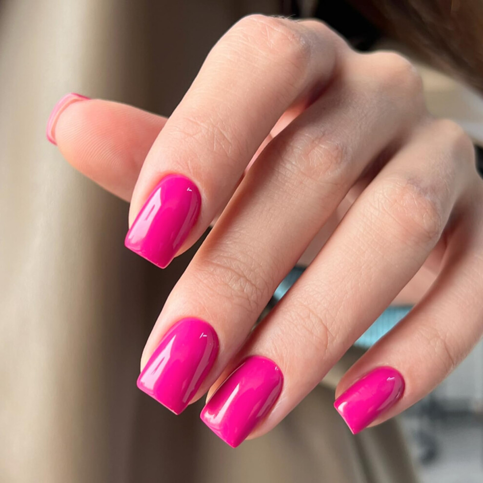 Pink Hot Press On Nails Kit, Short Glossy Square Fake Nails, Reusable Gel Manicure With Adhesive Tabs And Nail File