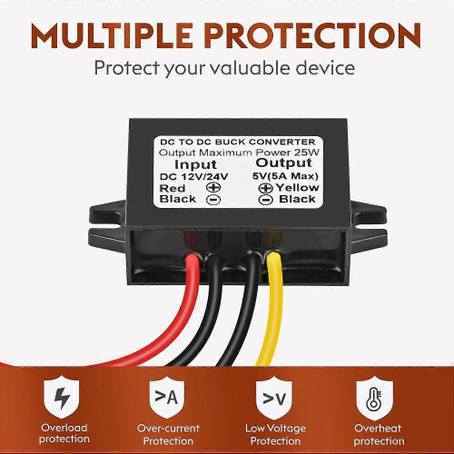 Μετατροπέας DC σε 5V Buck 25W 5A Ρυθμιστής τάσης υποβάθμισης απόδοσης για αυτοκίνητο 24V 1 1